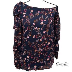 Greylin Blue Floral One Cold Shoulder Ruffle Long Sleeve Blouse Size S SAMPLE